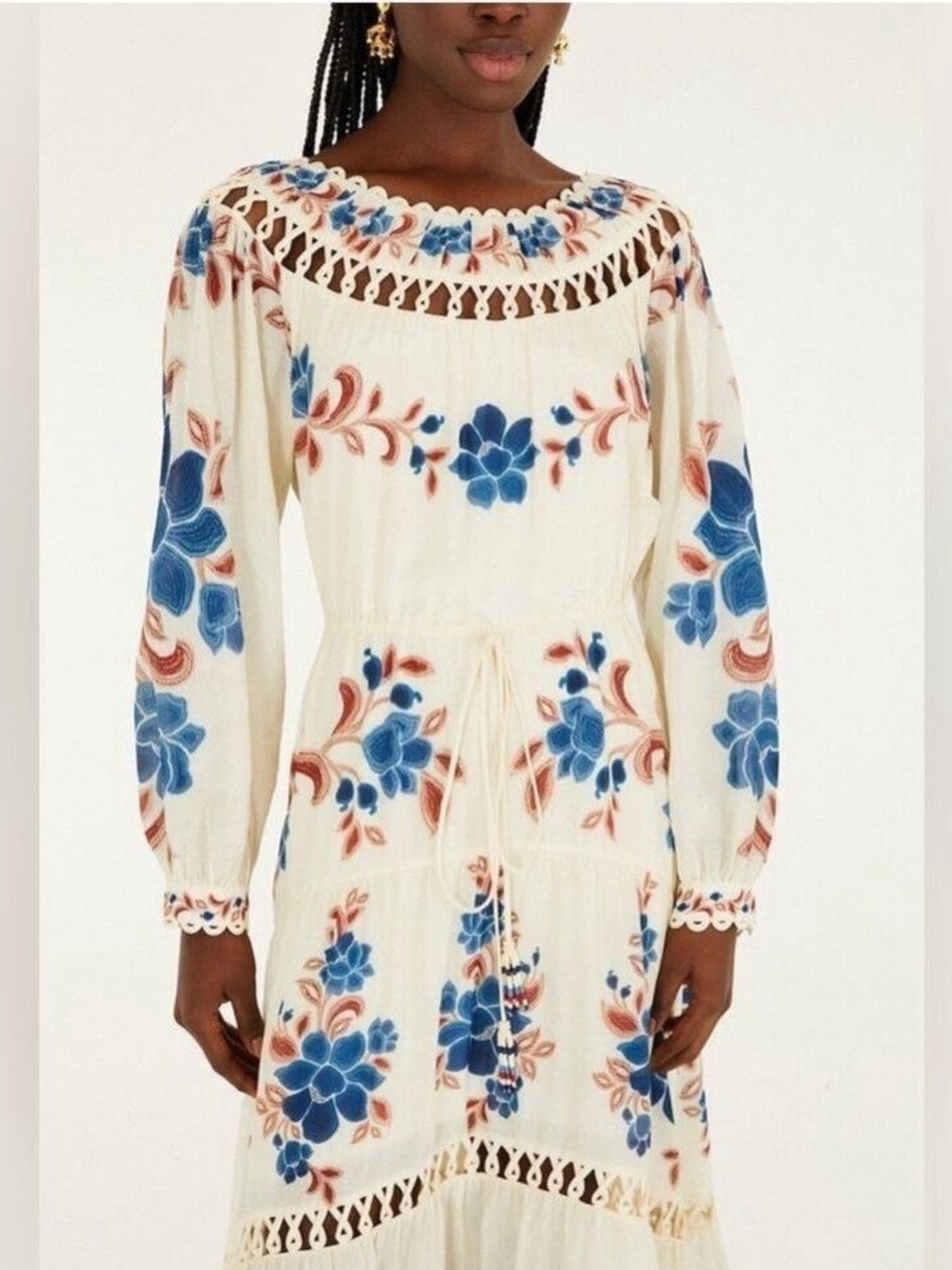 FARM Rio Cream Maxi Dress with Blue and Tan Floral Print - Picture 2 of 6